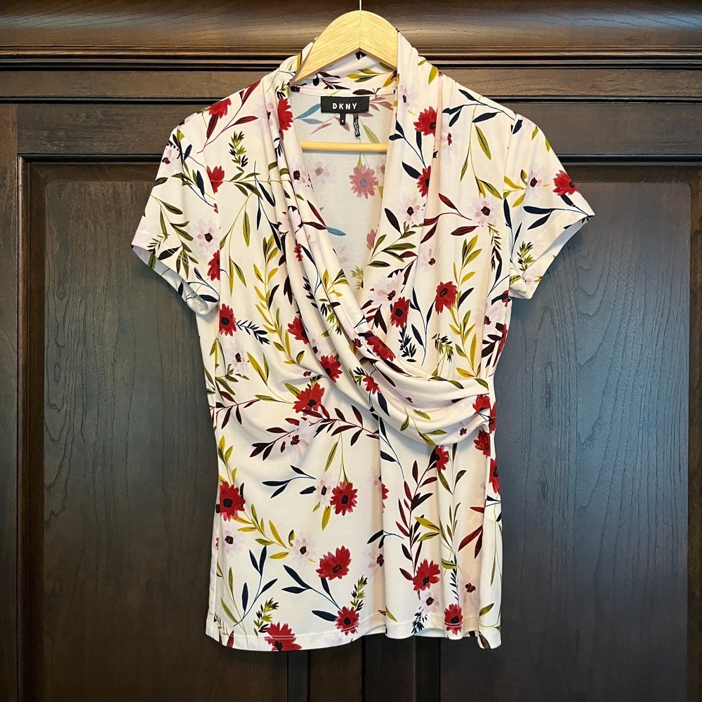 DKNY Stretchy Surplice Blouse Top Womens Size M Floral Easycare Work Wardrobe